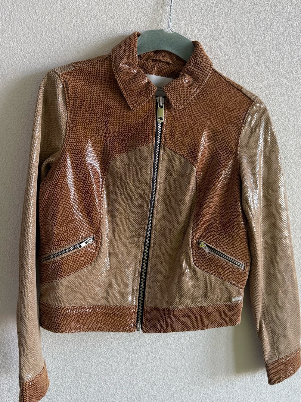 New With Tags!! Scotch & Soda Two-Tone Tan and Brown Leather Zip Jacket